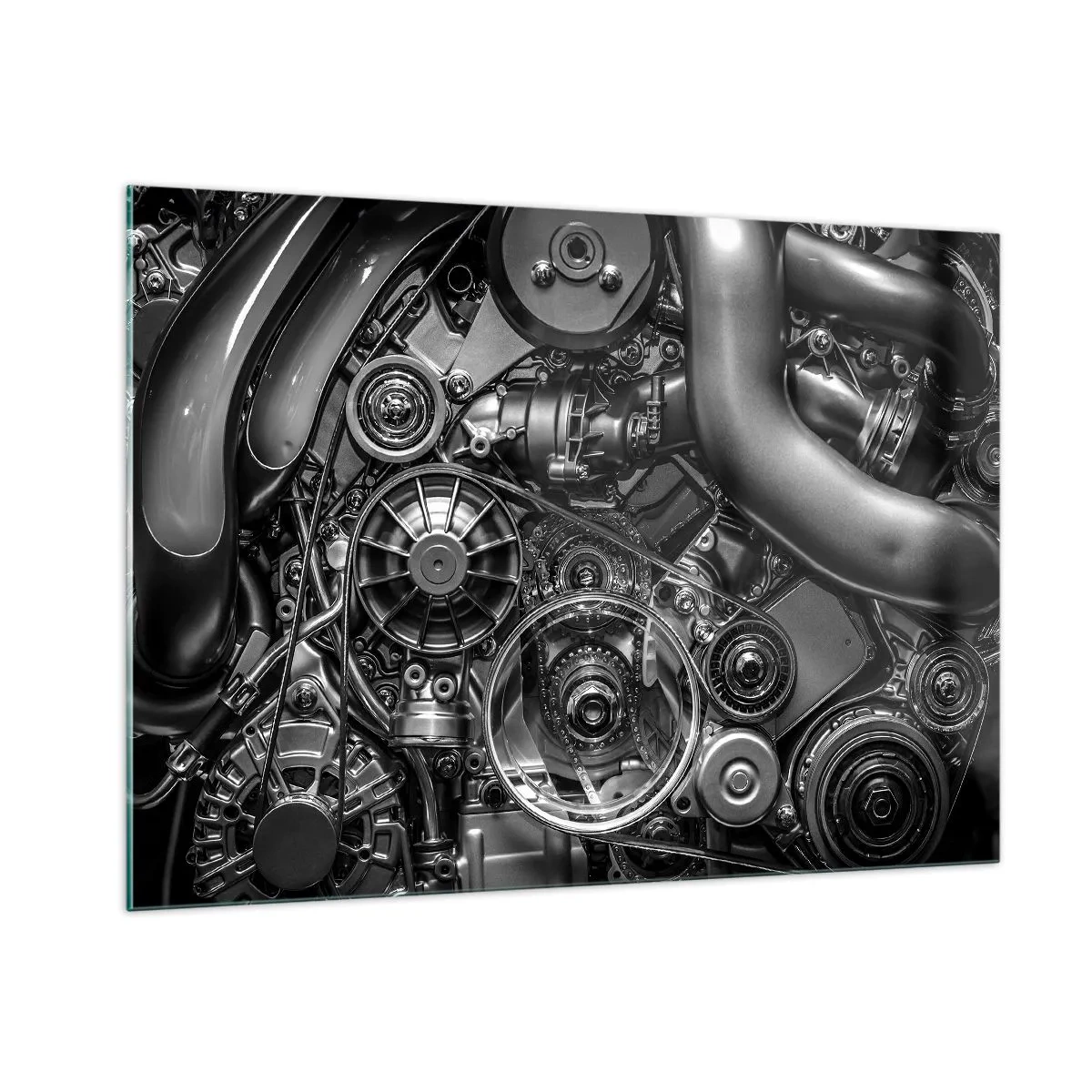 Cuadro sobre vidrio - Impresiones sobre Vidrio - Detalle de un motor en blanco y negro con mecanismos visibles. - 100x70cm - La poesía de la mecánica - Decoración de pared moderna para salón y dormitorio ARTTOR