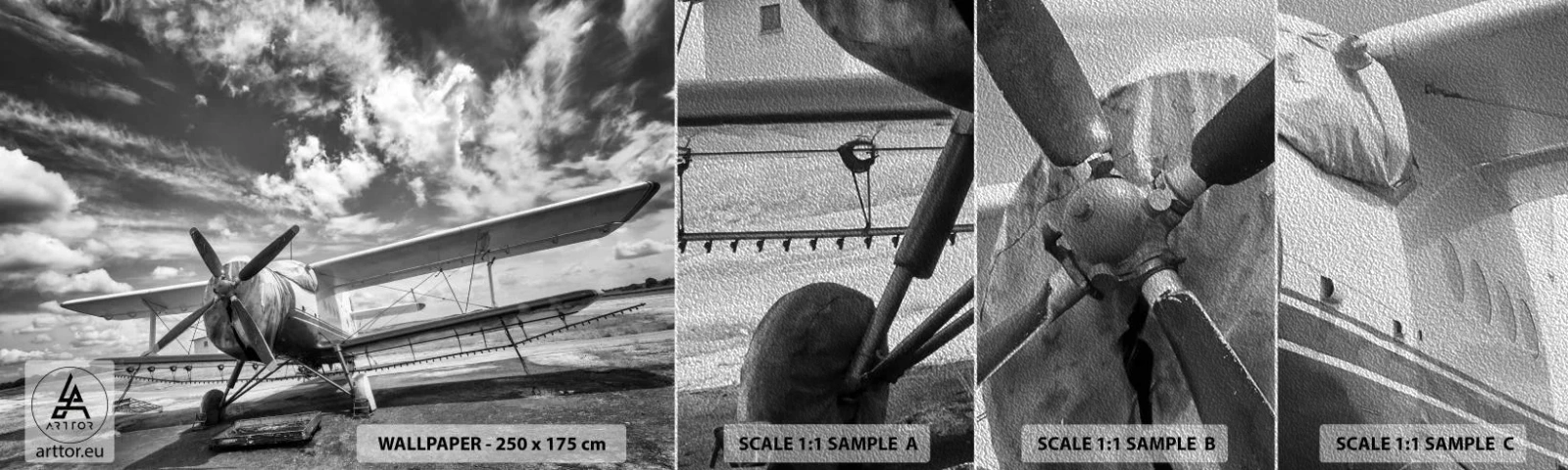 Muestra de fotomural Premium Sand - No puedo esperar - Avión, Aeronave, En blanco y negro - 100x30 cm