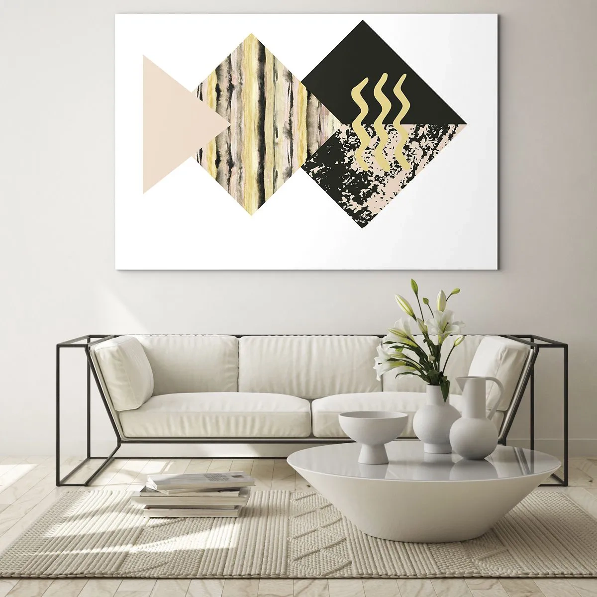 Cuadro sobre vidrio - Impresiones sobre Vidrio - Composición geométrica abstracta con triángulos y texturas. - 70x50cm - No es tan sencillo - Decoración de pared moderna para salón y dormitorio ARTTOR