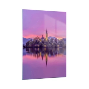 Cuadro sobre vidrio - Impresiones sobre Vidrio - Una iglesia en una isla con montañas y una puesta de sol al fondo. - 50x70cm - Isla de cuento de hadas al atardecer  - Decoración de pared moderna para salón y dormitorio ARTTOR