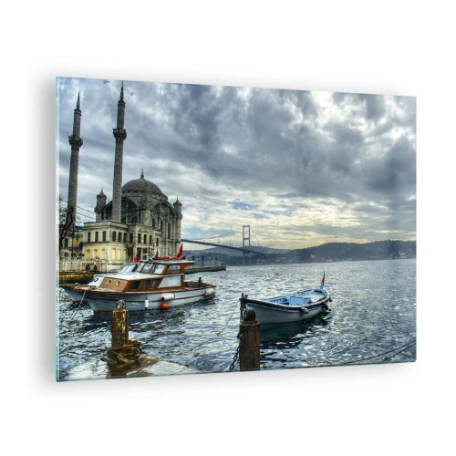 Cuadro sobre vidrio - Impresiones sobre Vidrio - Vista de la mezquita, el puente y los barcos en el muelle. - 70x50cm - En el límite del mundo - Decoración de pared moderna para salón y dormitorio ARTTOR