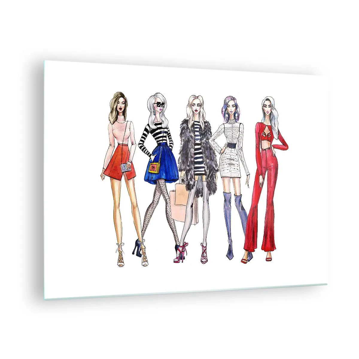 Cuadro sobre vidrio - Impresiones sobre Vidrio - Personajes de moda con atuendos elegantes en la ilustración. - 70x50cm - Every week Fashion Week - Decoración de pared moderna para salón y dormitorio ARTTOR