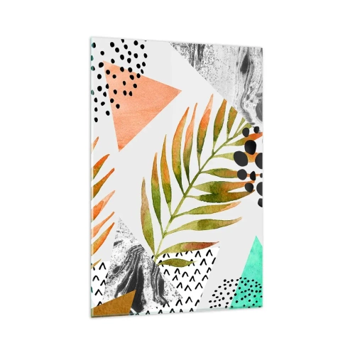 Cuadro sobre vidrio - Impresiones sobre Vidrio - Patrón tropical con hojas y formas geométricas. - 80x120cm - Decoración con hojas de palmera - Decoración de pared moderna para salón y dormitorio ARTTOR