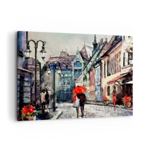 Cuadro sobre lienzo - Impresión de Imagen - Una encantadora calle de la ciudad con una pareja bajo un paraguas rojo. - 100x70cm - Lluvia para dos - Decoración de pared moderna para salón y dormitorio ARTTOR