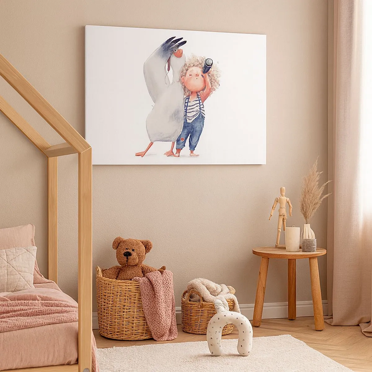 Cuadro sobre lienzo - Impresión de Imagen - Ilustración de un niño con un pelícano y un telescopio en la mano. - 70x50cm - Un plan para un gran viaje - Decoración de pared moderna para salón y dormitorio ARTTOR