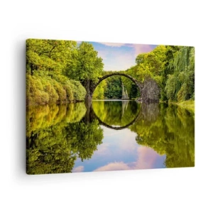 Cuadro sobre lienzo - Impresión de Imagen - Un puente de piedra sobre un río con un reflejo perfecto en el agua. - 70x50cm - En el punto de encuentro de dos mundos - Decoración de pared moderna para salón y dormitorio ARTTOR