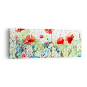 Cuadro sobre lienzo - Impresión de Imagen - Un prado con amapolas rojas y flores de colores en acuarela. - 140x50cm - Un prado en flor en mayo - Decoración de pared moderna para salón y dormitorio ARTTOR