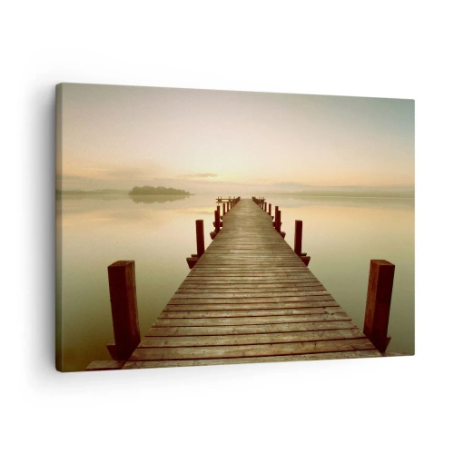 Cuadro sobre lienzo - Impresión de Imagen - Un embarcadero de madera en un lago tranquilo por la mañana. - 70x50cm - Antes del amanecer, al amanecer, la luz - Decoración de pared moderna para salón y dormitorio ARTTOR