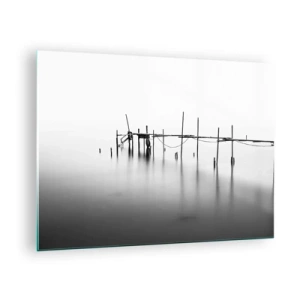 Cuadro sobre vidrio - Impresiones sobre Vidrio - Un embarcadero blanco y negro sobre una superficie de agua tranquila. - 70x50cm - ¿Y si no hay mundo? - Decoración de pared moderna para salón y dormitorio ARTTOR
