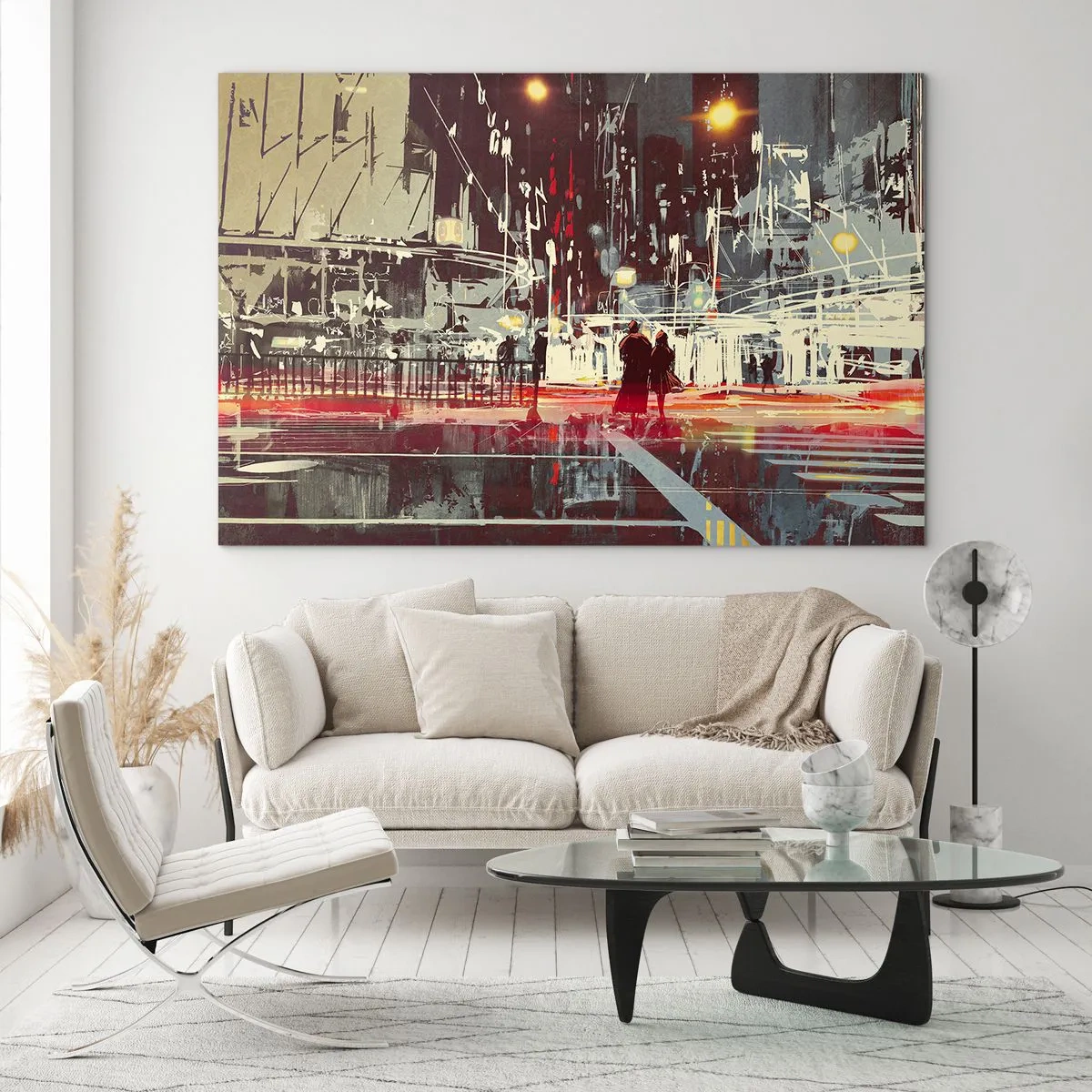 Cuadro sobre vidrio - Impresiones sobre Vidrio - Paisaje urbano nocturno con luces de neón y siluetas de transeúntes. - 120x80cm - Una travesía metropolitana - Decoración de pared moderna para salón y dormitorio ARTTOR