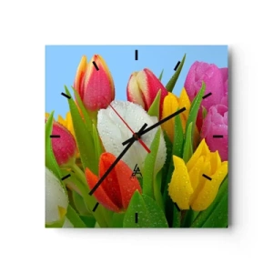 Reloj de pared - Reloj de vidrio - Arco iris floral en gotas de rocío - 40x40 cm