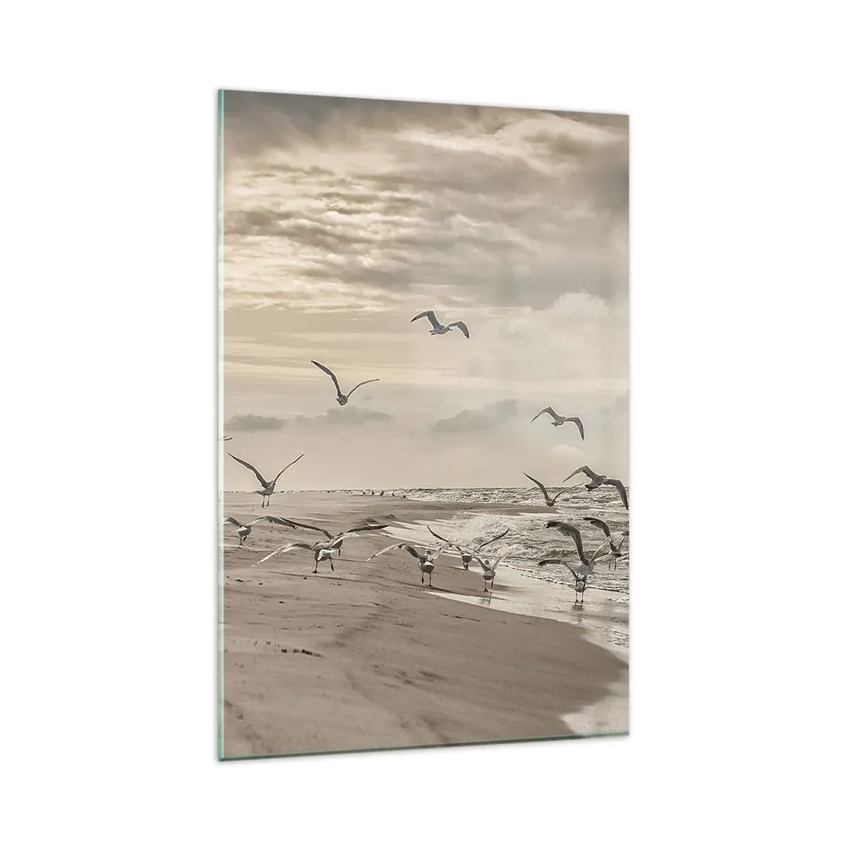 Cuadro sobre vidrio - Impresiones sobre Vidrio - Una gaviota en vuelo sobre un paisaje costero - 80x120cm - El sonido del mar, el canto de los pájaros - Decoración de pared moderna para salón y dormitorio ARTTOR