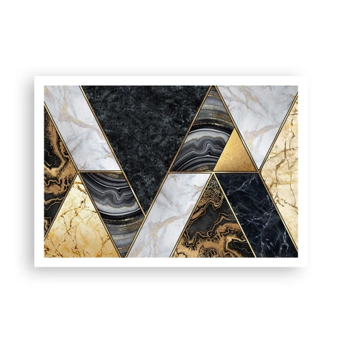 Póster - Triángulos geométricos en dorado, mármol y tonos oscuros. - 100x70cm - Collage de piedras - Decoración de pared moderna para salón y dormitorio ARTTOR