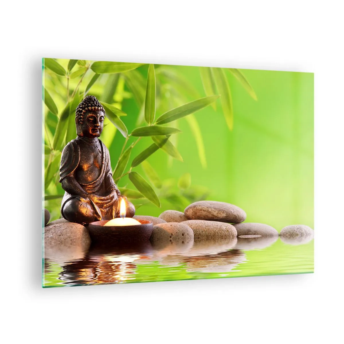 Cuadro sobre vidrio - Impresiones sobre Vidrio - Una figura de Buda con una vela encendida en un entorno verde. - 70x50cm - La vida es bella - Decoración de pared moderna para salón y dormitorio ARTTOR
