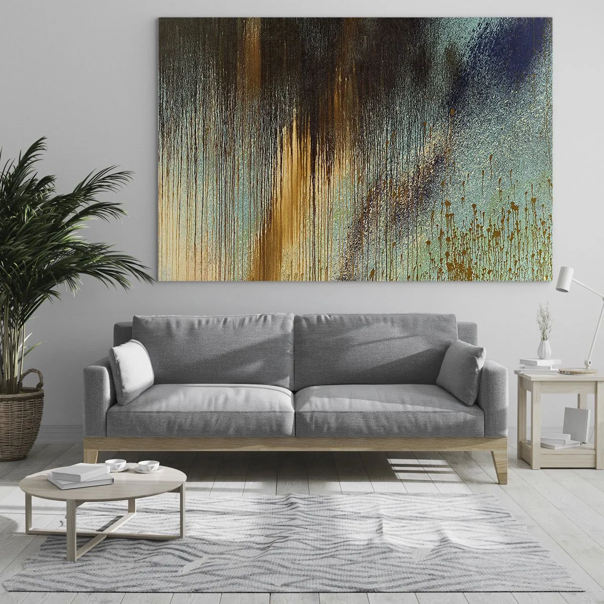 Cuadro sobre vidrio - Impresiones sobre Vidrio - Líneas y manchas abstractas en dorado, azul y negro. - 70x50cm - Una composición colorista no accidental - Decoración de pared moderna para salón y dormitorio ARTTOR