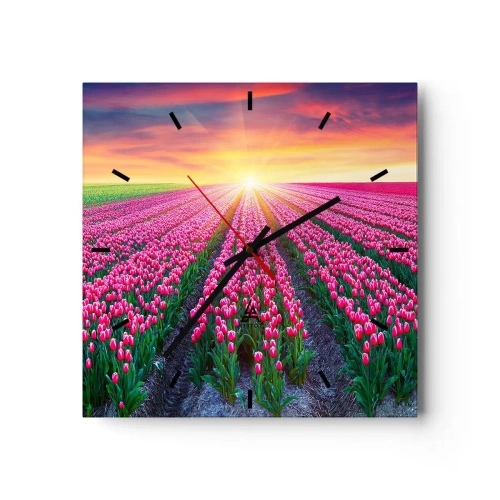 Reloj de pared - Reloj de vidrio - Un campo de tulipanes al atardecer - 30x30cm - Granja de belleza - Decoración de pared moderna para salón y dormitorio ARTTOR