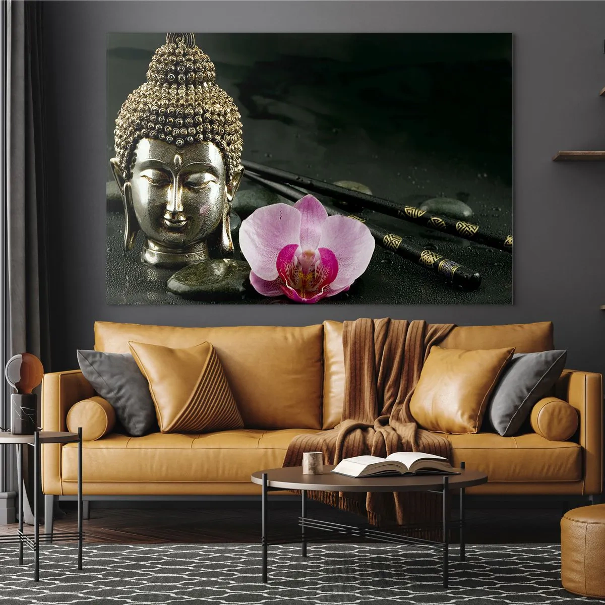 Cuadro sobre vidrio - Impresiones sobre Vidrio - Cabeza budista con una flor rosa sobre un fondo de piedras. - 70x50cm - La armonía de la sabiduría y la belleza - Decoración de pared moderna para salón y dormitorio ARTTOR