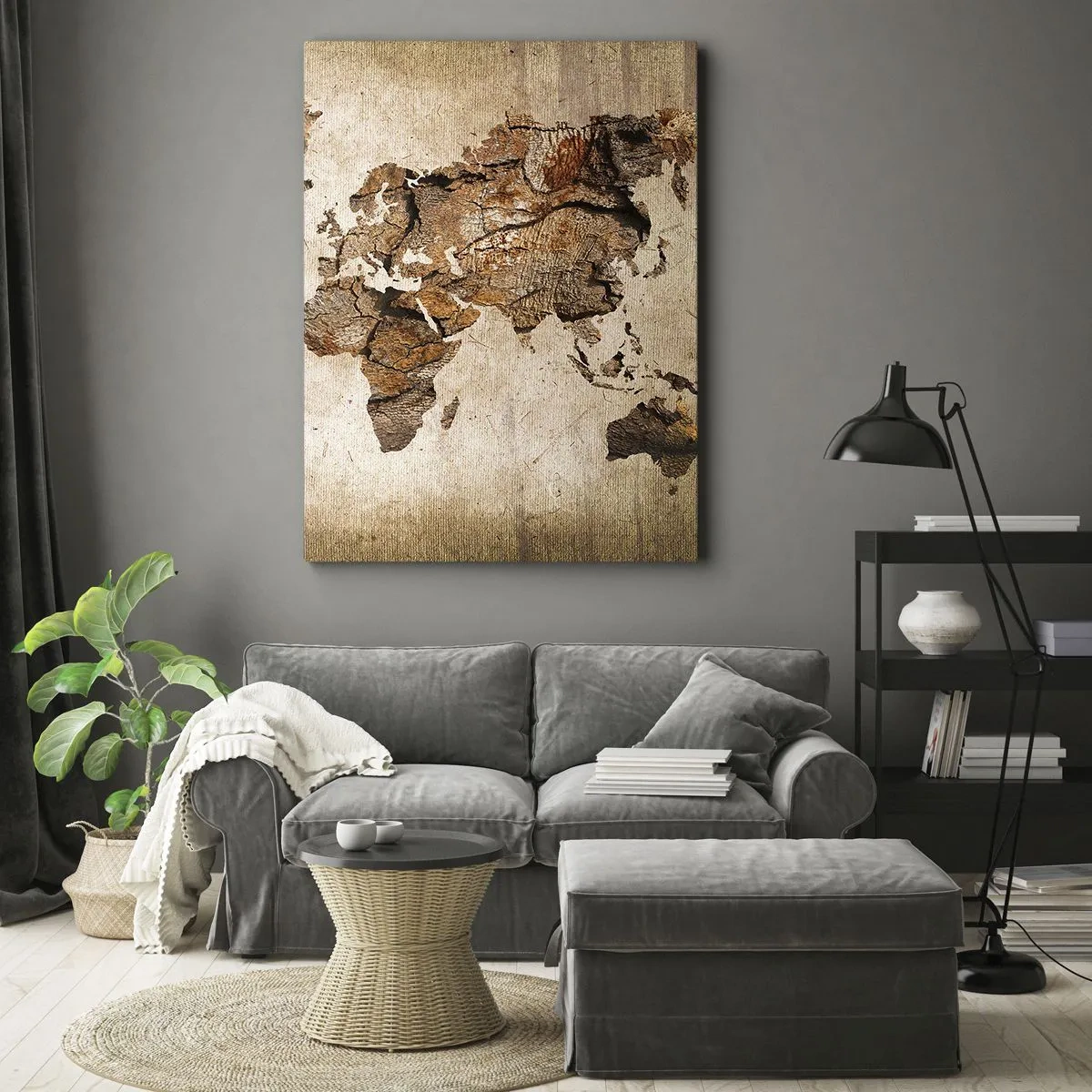 Cuadro sobre lienzo - Impresión de Imagen - Un mapa del mundo en estilo rústico de madera. - 70x100cm - El descubrimiento del mundo - Decoración de pared moderna para salón y dormitorio ARTTOR