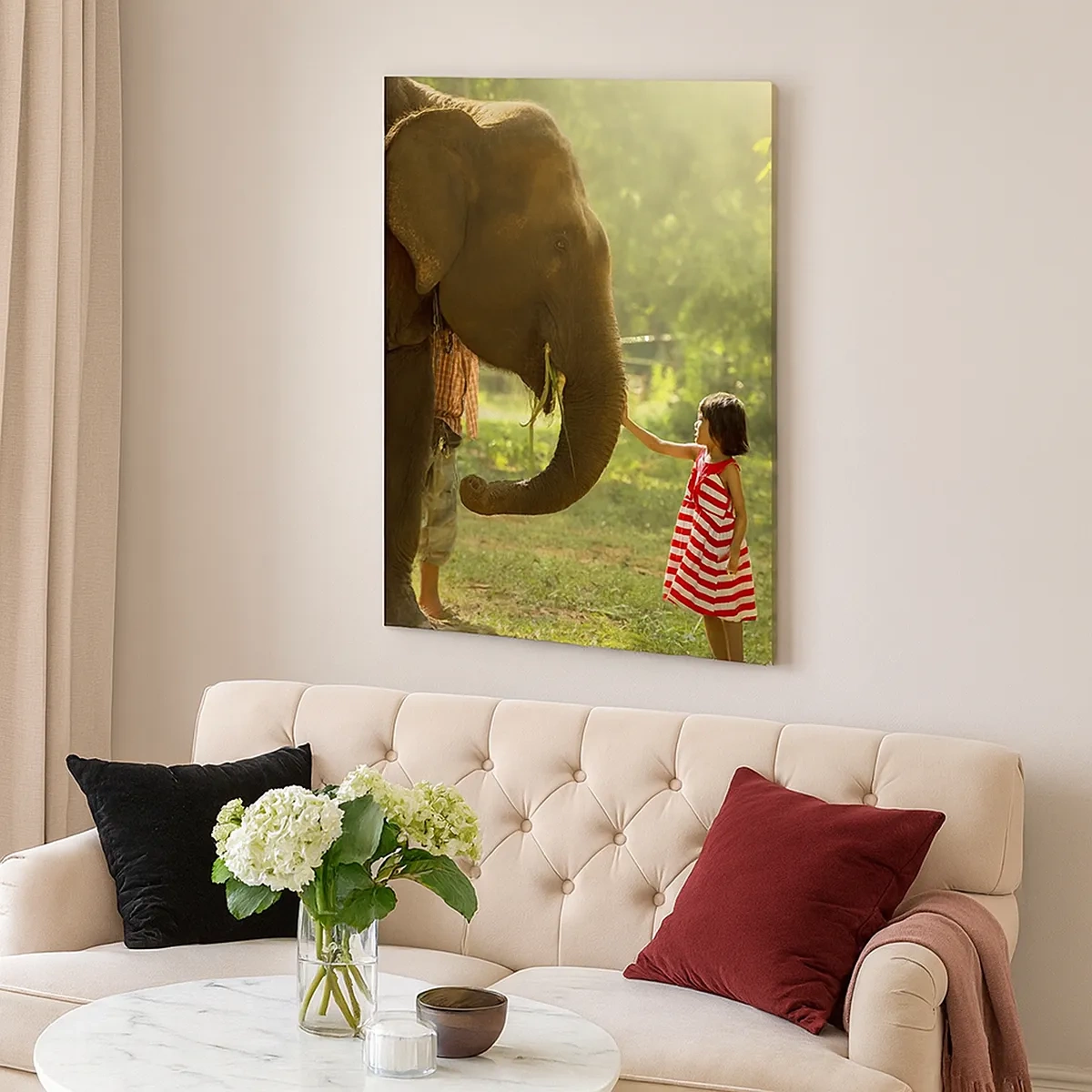 Cuadro sobre lienzo - Impresión de Imagen - Una niña con un vestido rojo tocando un elefante en el bosque. - 50x70cm - El poder de la amistad - Decoración de pared moderna para salón y dormitorio ARTTOR