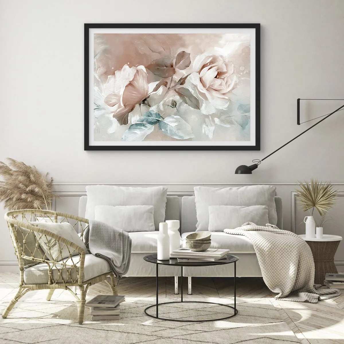 Póster en marco negro - Delicadas rosas en tonos pastel sobre un fondo claro. - 70x50cm - El espíritu del romanticismo - Decoración de pared moderna para salón y dormitorio ARTTOR
