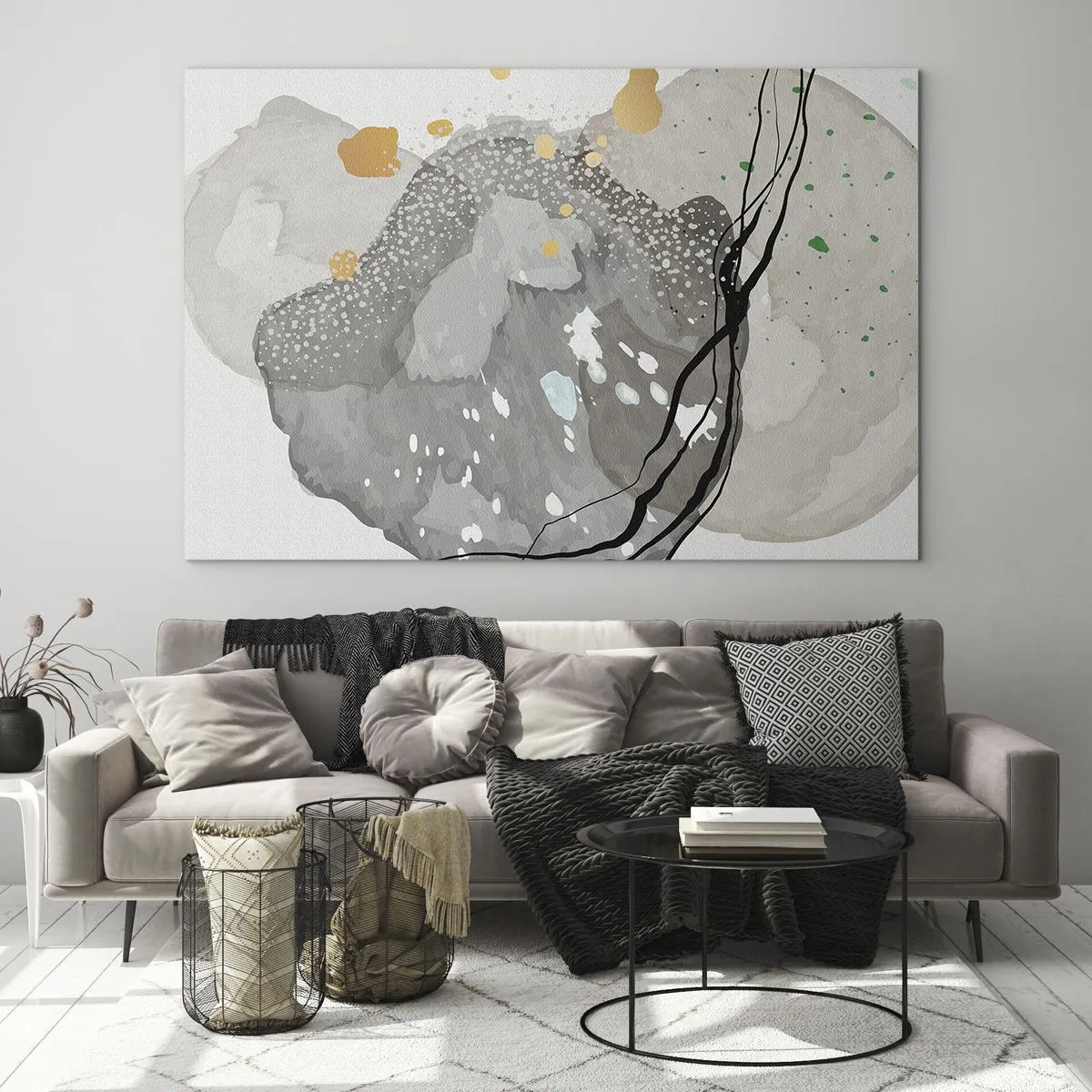 Cuadro sobre vidrio - Impresiones sobre Vidrio - Formas orgánicas y manchas en colores apagados con detalles. - 70x50cm - Composición orgánica - Decoración de pared moderna para salón y dormitorio ARTTOR