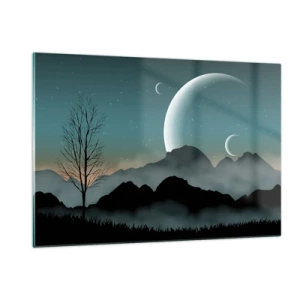 Cuadro sobre vidrio - Impresiones sobre Vidrio - Lunas sobre montañas con un árbol solitario y estrellas. - 120x80cm - Un carnaval de noche estrellada - Decoración de pared moderna para salón y dormitorio ARTTOR