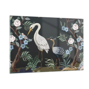 Cuadro sobre vidrio - Impresiones sobre Vidrio - Pájaros coloridos entre ramas floridas contra un fondo oscuro - 120x80cm - Desfile de aves - Decoración de pared moderna para salón y dormitorio ARTTOR