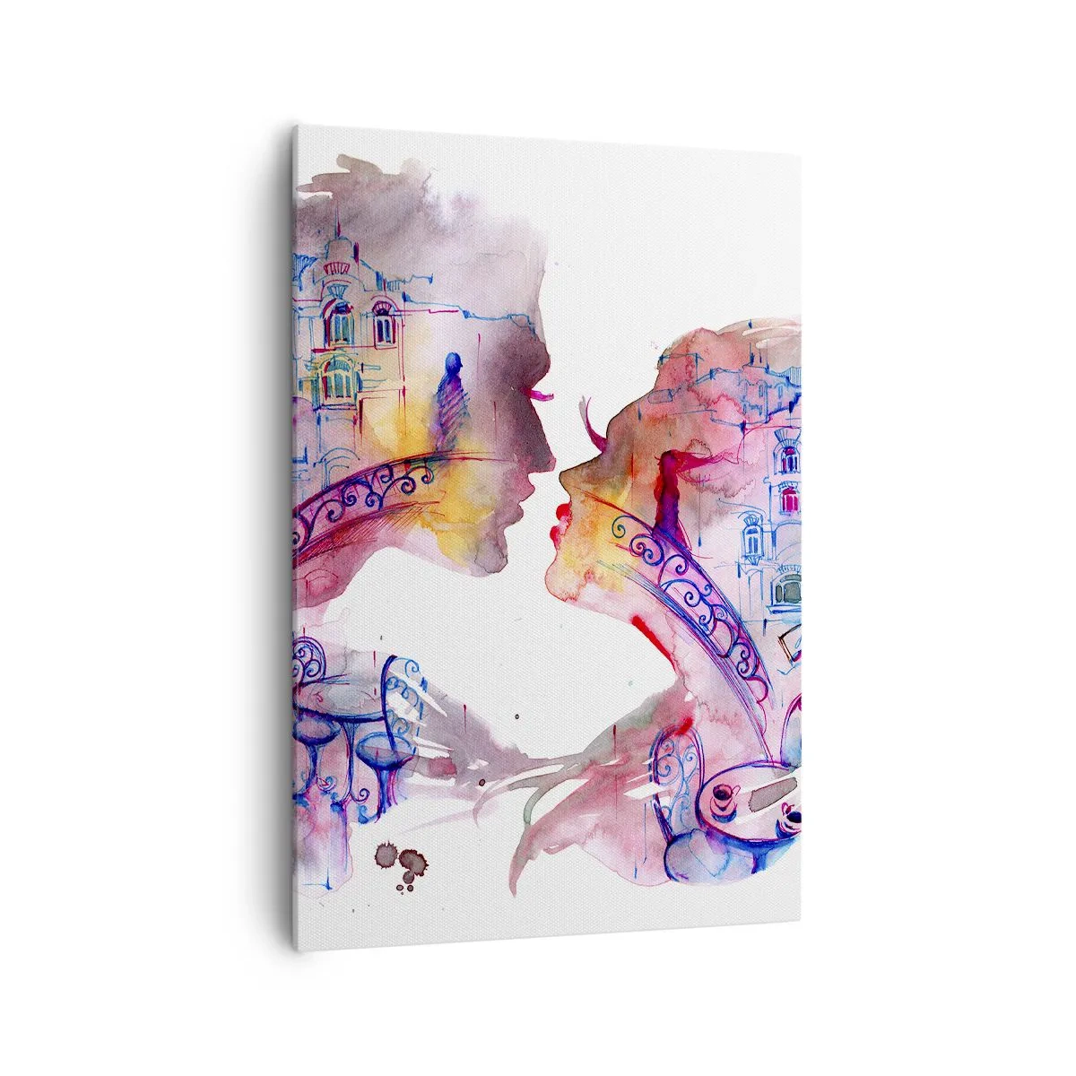 Cuadro sobre lienzo - Impresión de Imagen - Una acuarela romántica que representa las siluetas de los amantes. - 70x100cm - Un puente secreto de suspiros - Decoración de pared moderna para salón y dormitorio ARTTOR
