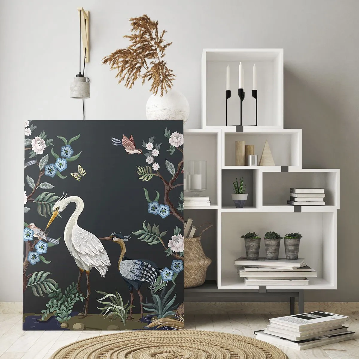 Cuadro sobre vidrio - Impresiones sobre Vidrio - Pájaros coloridos entre ramas floridas contra un fondo oscuro - 50x70cm - Desfile de aves - Decoración de pared moderna para salón y dormitorio ARTTOR