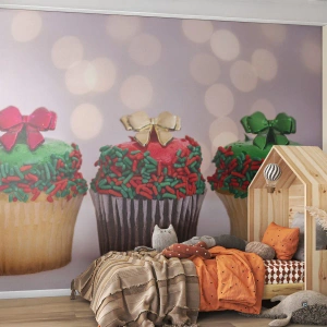 Fotomural Premium Sand - Cupcakes navideños con adornos - 100x70cm - Dulzura hasta el lazo - Decoración de pared moderna para salón y dormitorio ARTTOR