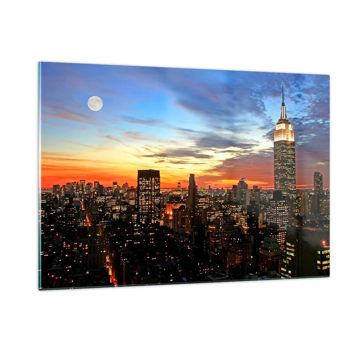 Cuadro sobre vidrio - Impresiones sobre Vidrio - Panorama nocturno de la ciudad con edificios iluminados. - 120x80cm - Una luminosa noche americana - Decoración de pared moderna para salón y dormitorio ARTTOR