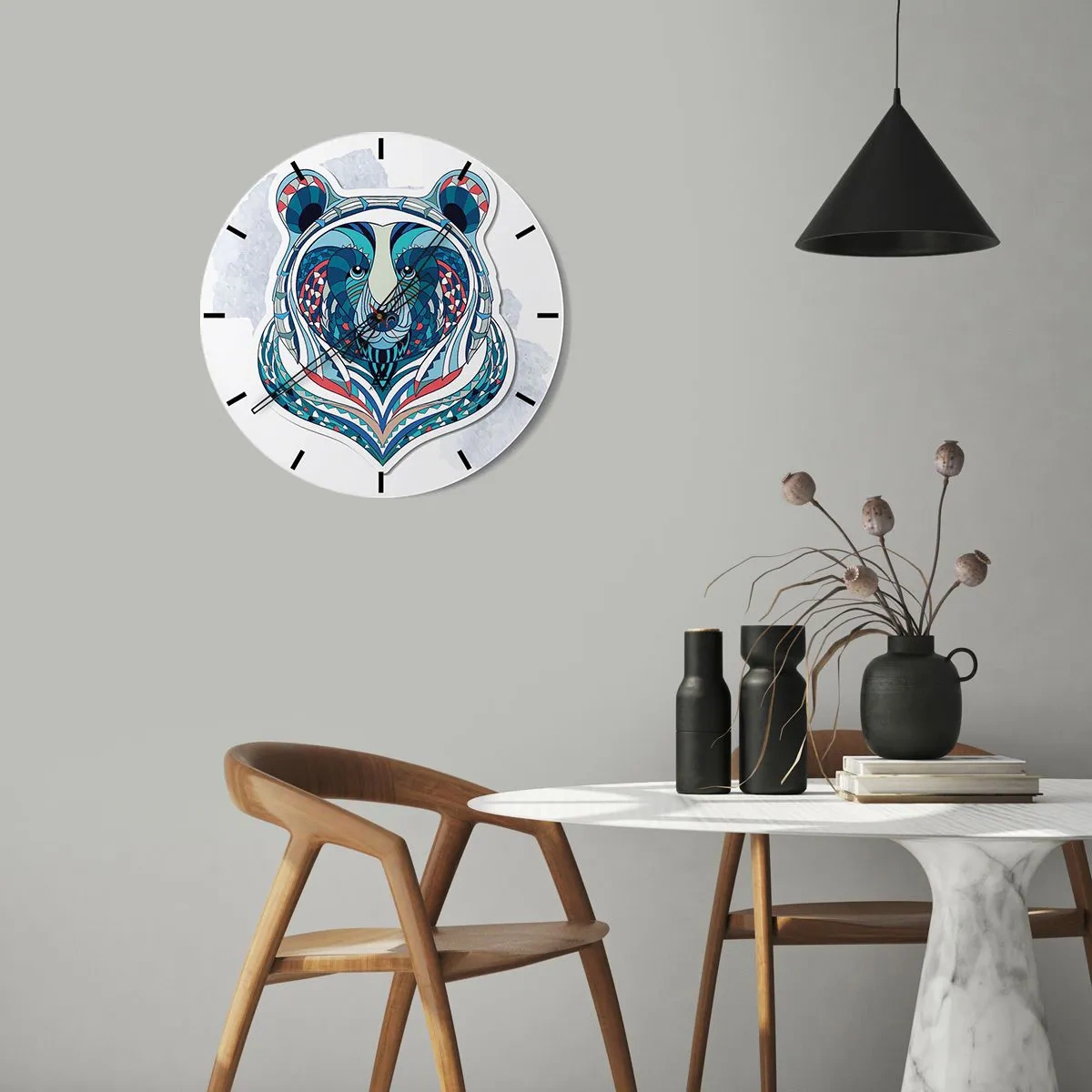 Reloj de pared - Reloj de vidrio - Oso colorido en estilo geométrico sobre un fondo blanco. - 30x30cm - ¡Viva Groenlandia! - Decoración de pared moderna para salón, cocina y dormitorio ARTTOR