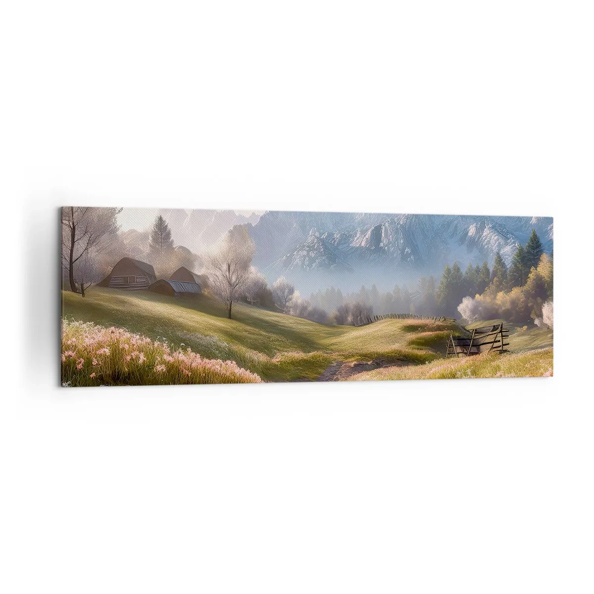 Cuadro sobre lienzo - Impresión de Imagen - Un valle de montaña con prados, cabañas y vistas a los picos. - 160x50cm - Valle idílico - Decoración de pared moderna para salón y dormitorio ARTTOR