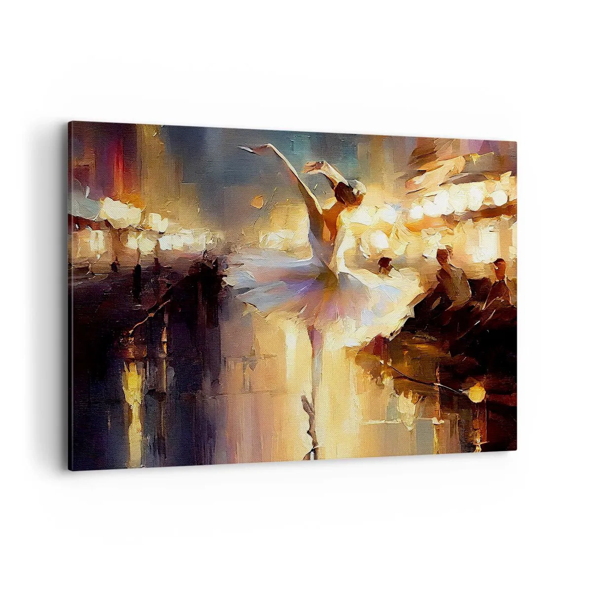Cuadro sobre lienzo - Impresión de Imagen - Una bailarina bailando frente a un escenario iluminado. - 100x70cm - Un milagro en la calle - Decoración de pared moderna para salón y dormitorio ARTTOR