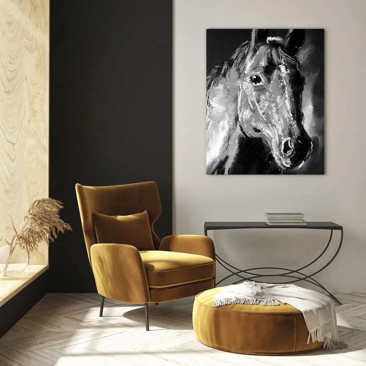 Cuadro sobre vidrio - Impresiones sobre Vidrio - Retrato de un caballo en tonos blanco y negro sobre un fondo oscuro. - 50x70cm - El brillo de un alma noble - Decoración de pared moderna para salón y dormitorio ARTTOR