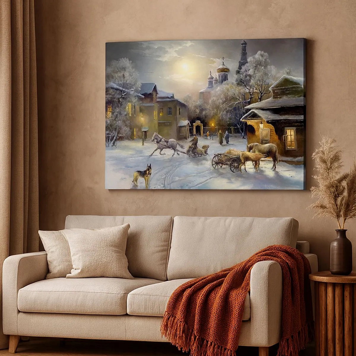 Cuadro sobre lienzo - Impresión de Imagen - Paisaje invernal en un pueblo ruso con un trineo y una iglesia. - 70x50cm - La magia de un invierno ruso - Decoración de pared moderna para salón y dormitorio ARTTOR