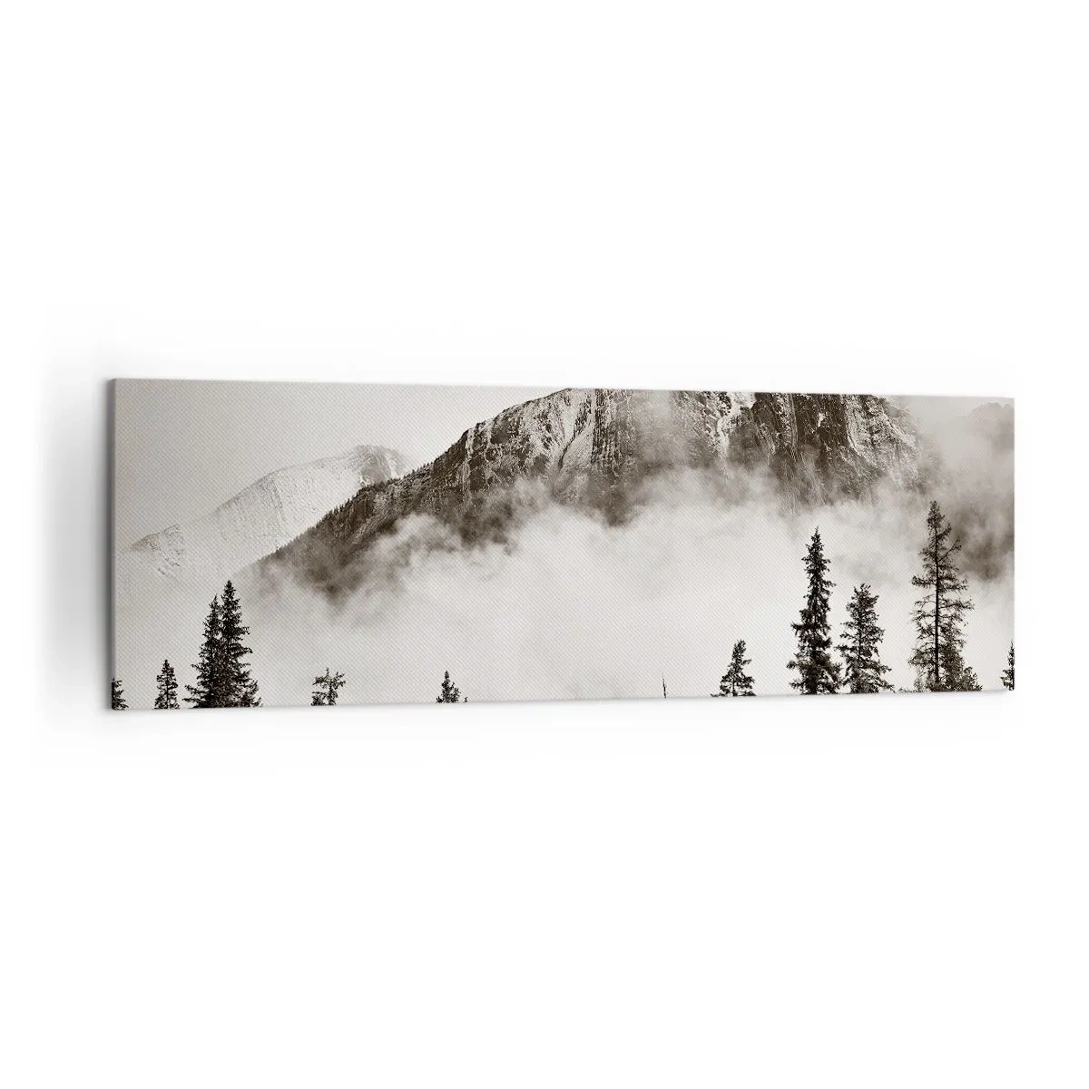 Cuadro sobre lienzo - Impresión de Imagen - Un pintoresco pico de montaña rodeado de niebla y un bosque en tonos sepia. - 160x50cm - Gobernante de granito - Decoración de pared moderna para salón y dormitorio ARTTOR