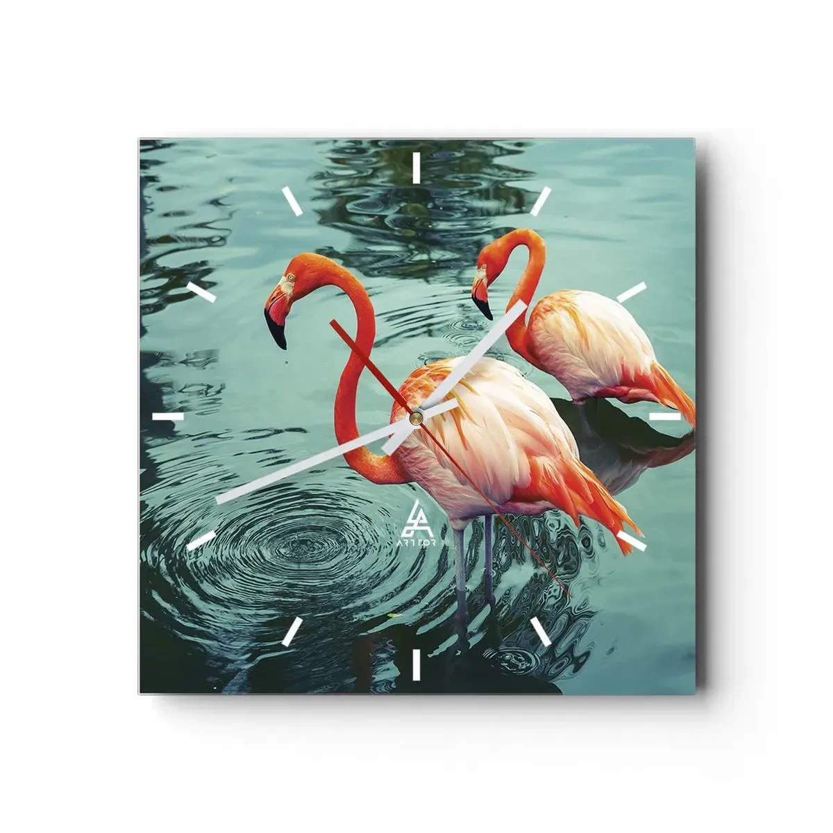 Reloj de pared - Reloj de vidrio - Dos flamencos en el agua tranquila reflejando su entorno. - 30x30cm - Estamos de moda - Decoración de pared moderna para salón y dormitorio ARTTOR