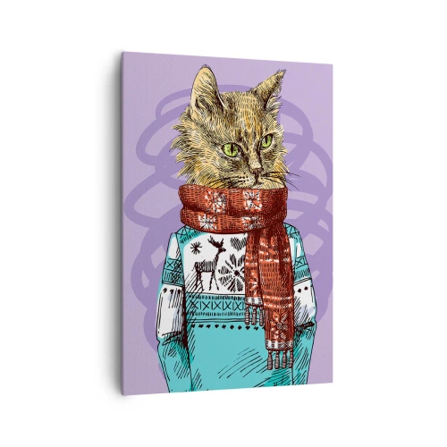 Cuadro sobre lienzo - Impresión de Imagen - Un gato con un suéter y una bufanda sobre un fondo morado. - 70x100cm - El gato no solo tenía botas - Decoración de pared moderna para salón y dormitorio ARTTOR