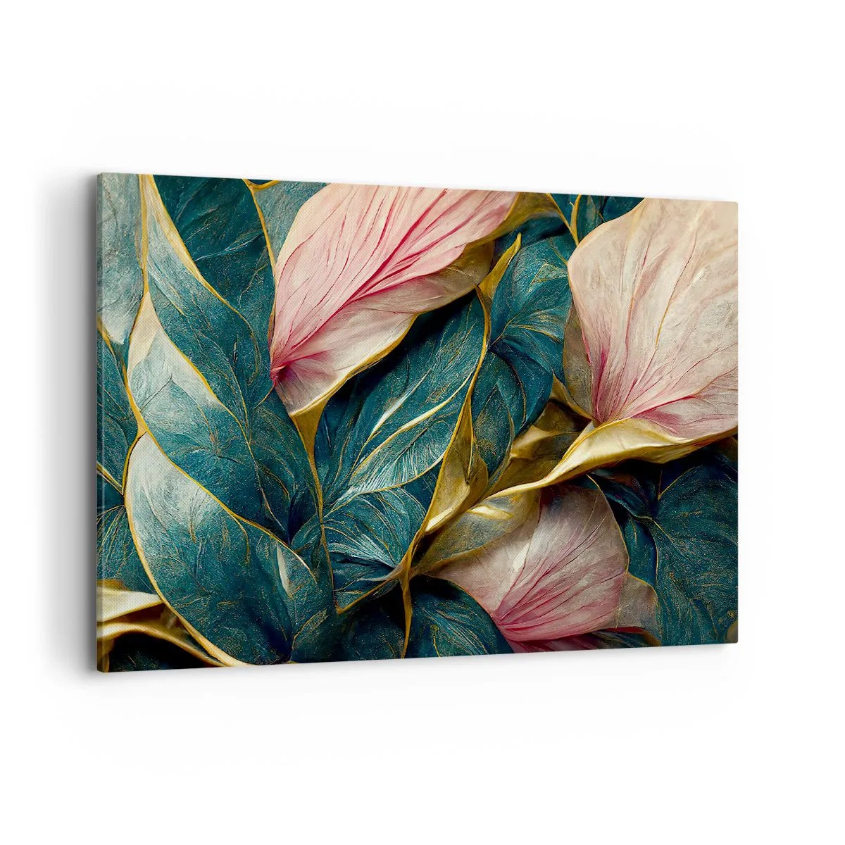 Cuadro sobre lienzo - Impresión de Imagen - Hojas elegantes en verde, dorado y rosa. - 100x70cm - Elegancia y estilo naturales - Decoración de pared moderna para salón y dormitorio ARTTOR