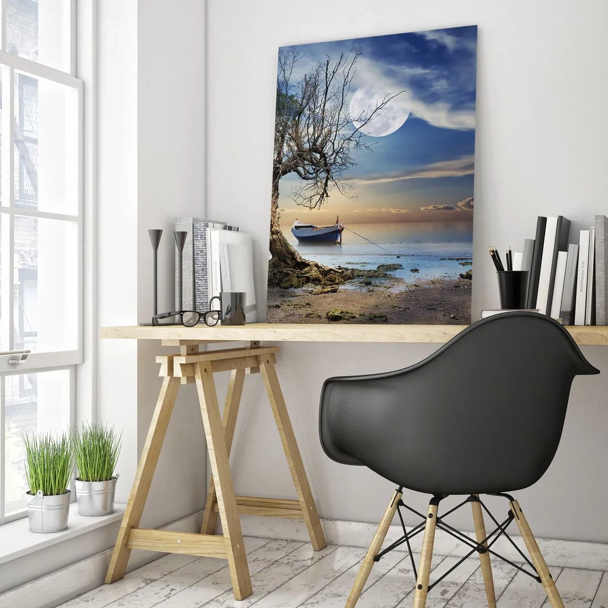 Cuadro sobre vidrio - Impresiones sobre Vidrio - Un árbol solitario y un barco en aguas tranquilas bajo la luna llena. - 70x100cm - ¿Es el final o el principio? - Decoración de pared moderna para salón y dormitorio ARTTOR