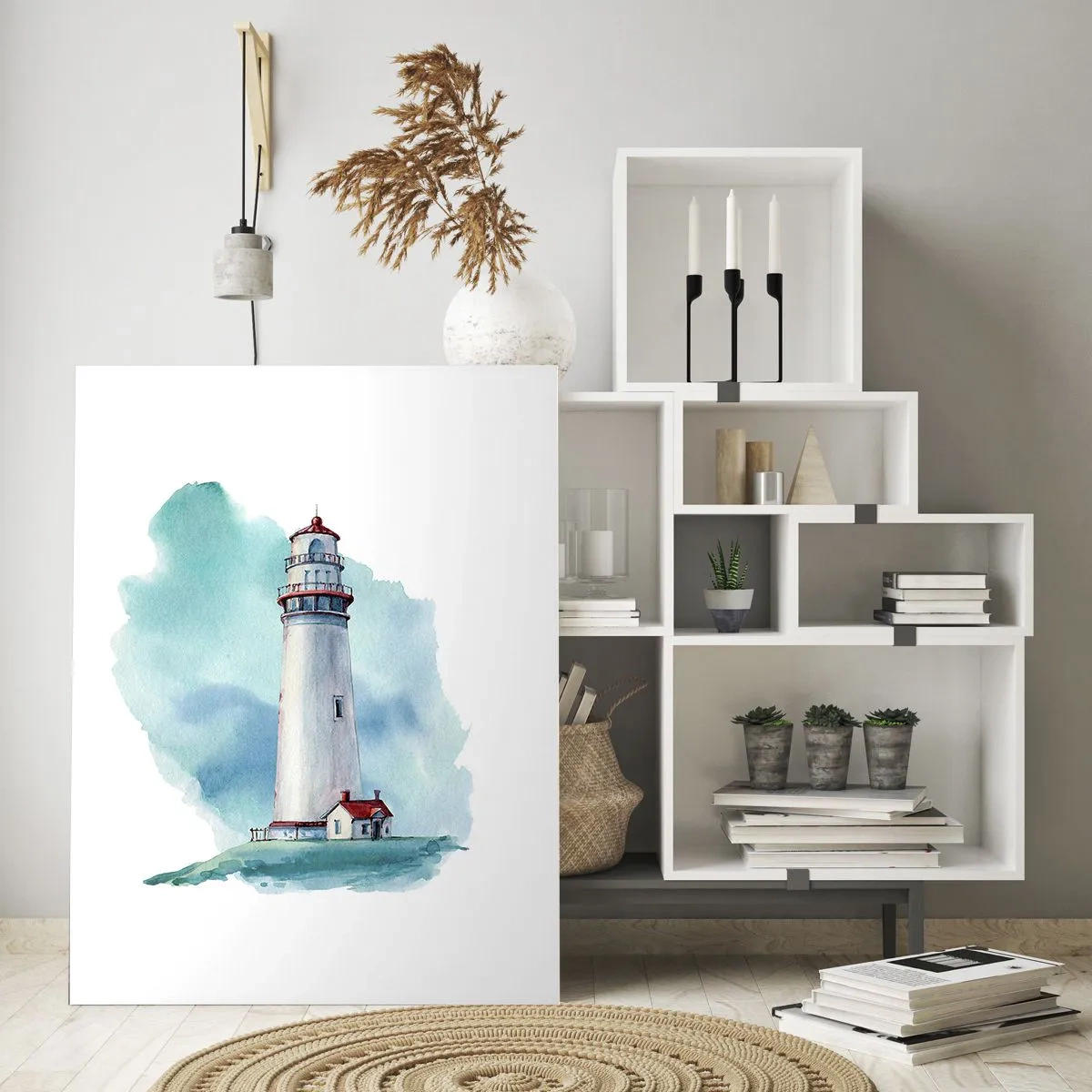 Cuadro sobre vidrio - Impresiones sobre Vidrio - Un faro sobre un fondo azul de acuarela. - 80x120cm - Gentil hermana del azul - Decoración de pared moderna para salón y dormitorio ARTTOR