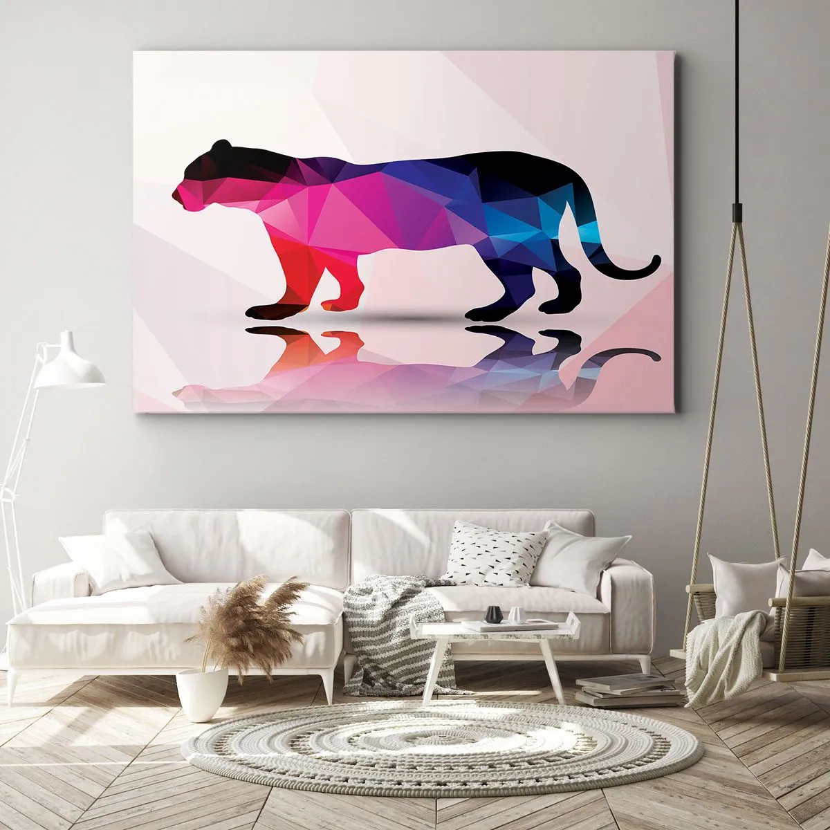 Cuadro sobre lienzo - Impresión de Imagen - Silueta de pantera geométrica en tonos rosa y azul. - 120x80cm - Pantera de diamante - Decoración de pared moderna para salón y dormitorio ARTTOR