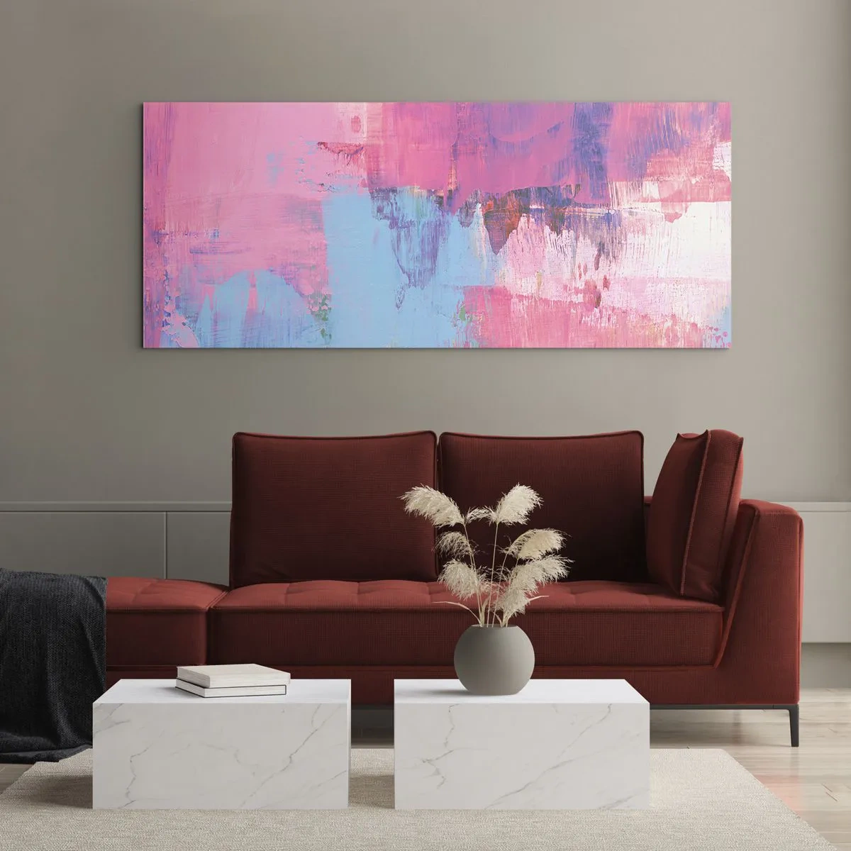 Cuadro sobre vidrio - Impresiones sobre Vidrio - Composición abstracta en rosa y azul. - 120x50cm - Rosa, azul y una pizca de luz - Decoración de pared moderna para salón y dormitorio ARTTOR