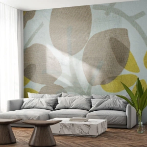 Fotomural Premium Sand - Hojas beige y amarillas sobre un fondo claro en estilo retro. - 100x70cm - Composición a pleno sol - Decoración de pared moderna para salón y dormitorio ARTTOR