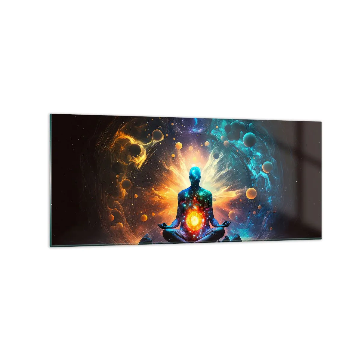 Cuadro sobre vidrio - Impresiones sobre Vidrio - Una figura en meditación rodeada de un aura cósmica. - 120x50cm - Tranquilidad cósmica - Decoración de pared moderna para salón y dormitorio ARTTOR