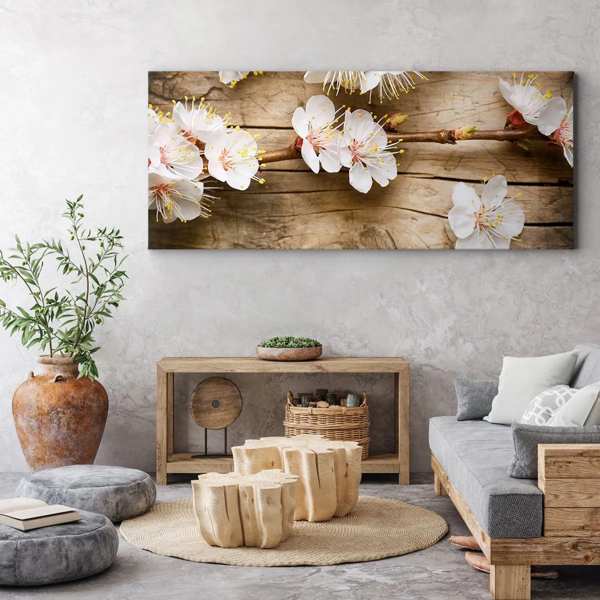 Cuadro sobre lienzo - Impresión de Imagen - Ramas de cerezos en flor sobre un fondo de tabla de madera - 160x50cm - Se acerca la primavera - Decoración de pared moderna para salón y dormitorio ARTTOR