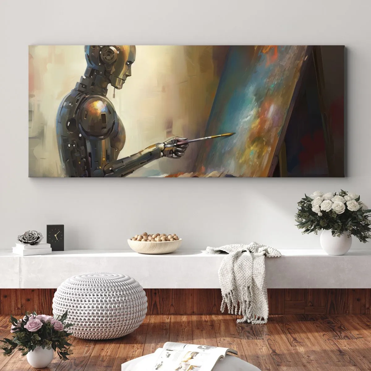 Cuadro sobre lienzo - Impresión de Imagen - Un robot pintando sobre un lienzo con un estilo artístico. - 160x50cm - Arte del futuro - Decoración de pared moderna para salón y dormitorio ARTTOR