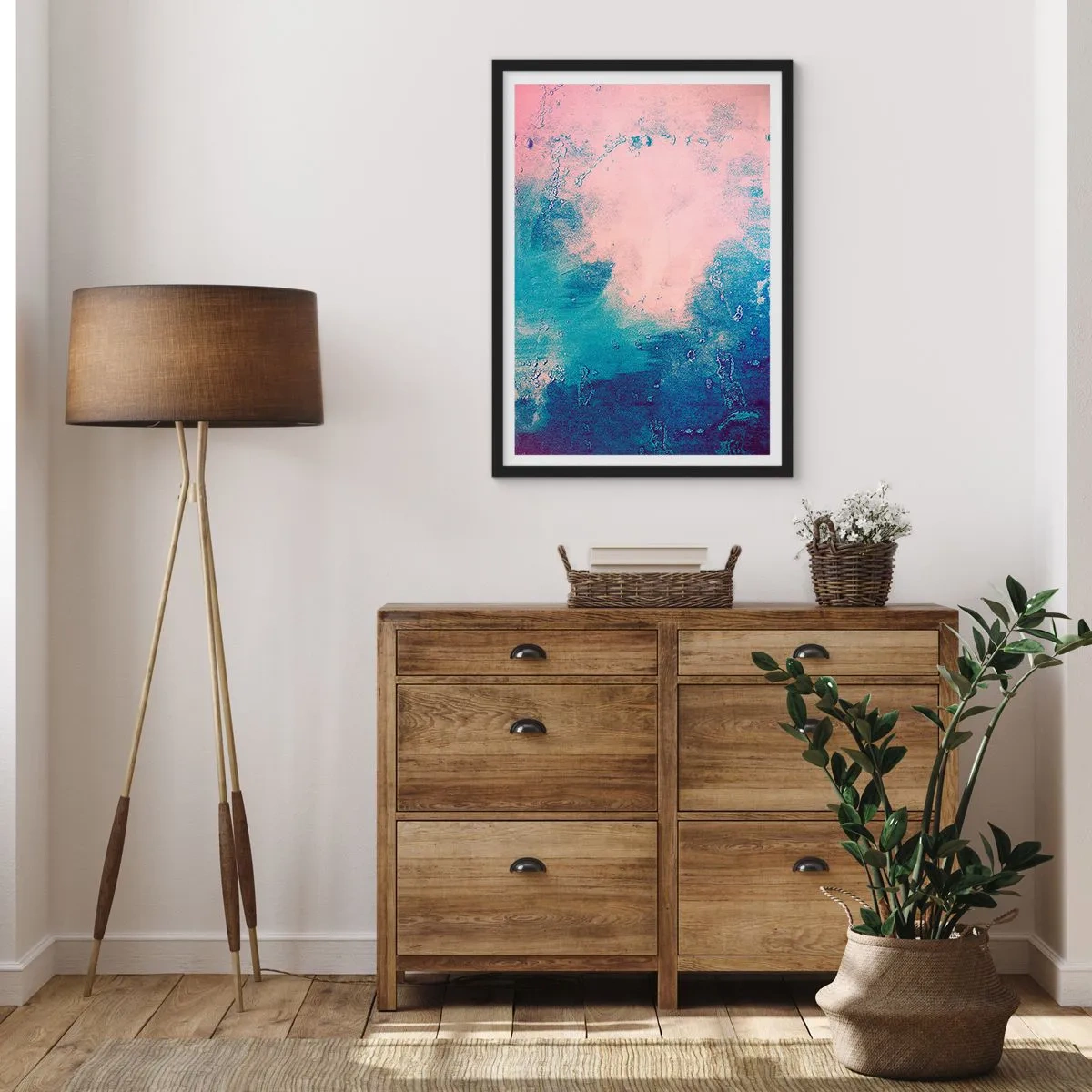 Póster en marco negro - Composición abstracta en tonos azules y rosas - 50x70cm - Abrazo azul - Decoración de pared moderna para salón y dormitorio ARTTOR