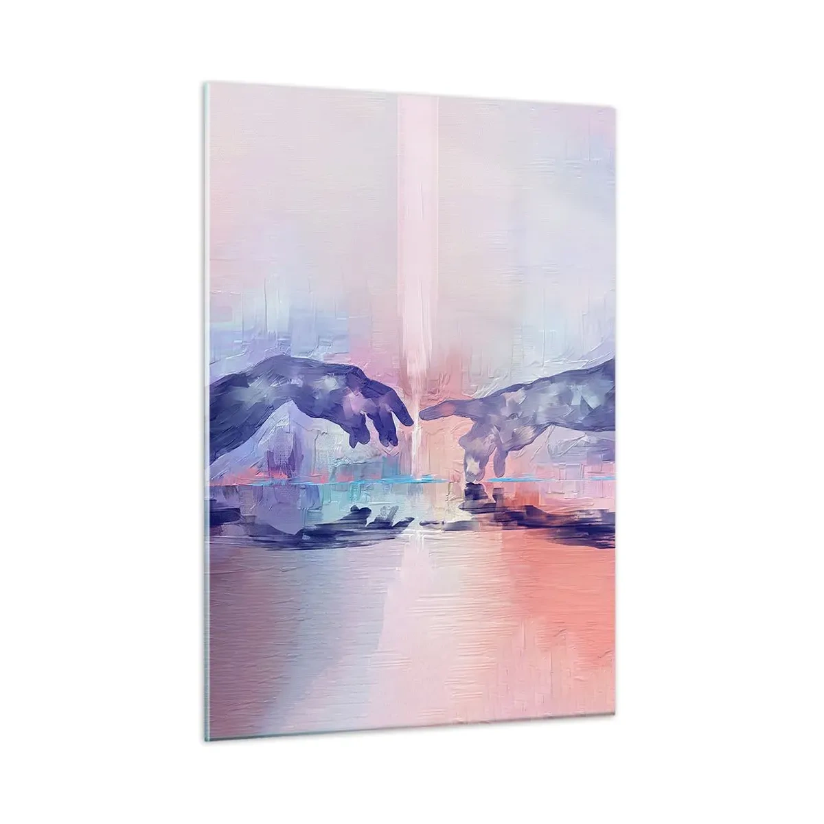 Cuadro sobre vidrio - Impresiones sobre Vidrio - Manos abstractas acercándose una a la otra sobre un fondo pastel. - 50x70cm - Chispa divina de vida - Decoración de pared moderna para salón y dormitorio ARTTOR